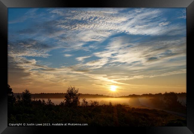 Ashdown Forest just after sunrise Framed Print by Justin Lowe