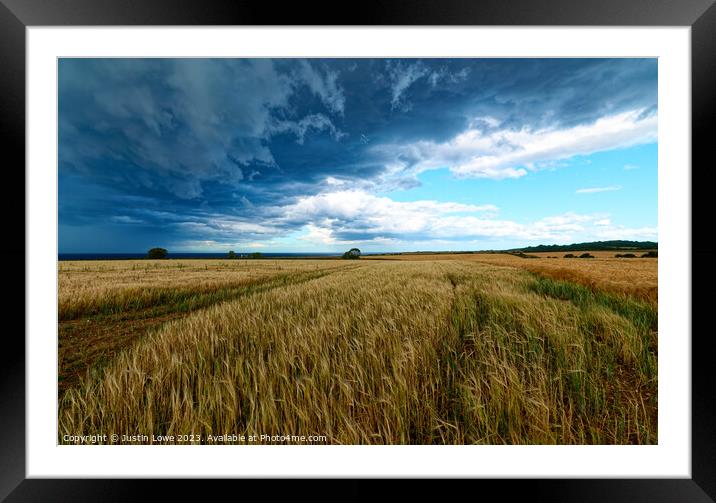 Field on Norfolk Coast as storm comes in Framed Mounted Print by Justin Lowe