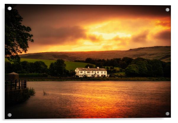 Sunrise behind The Wine Press - Hollingworth Lake Acrylic by DAVID FRANCIS