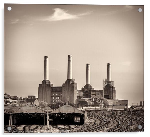 Battersea Power Station with train tracks  Acrylic by Lenny Carter