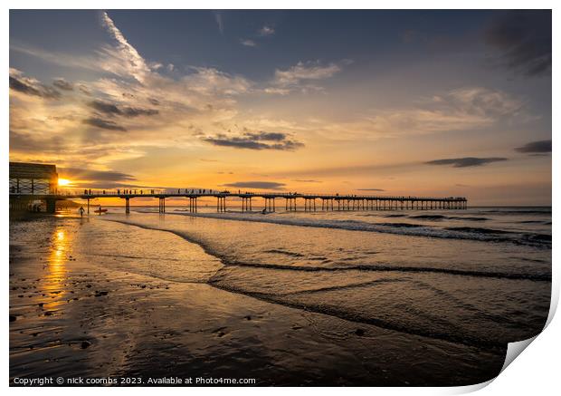 Saltburn pier and Surfer Print by nick coombs