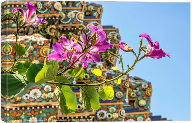 Orchid Tree Flowers Ceramic Pagoda Wat Pho Bangkok Thailand Canvas Print by William Perry