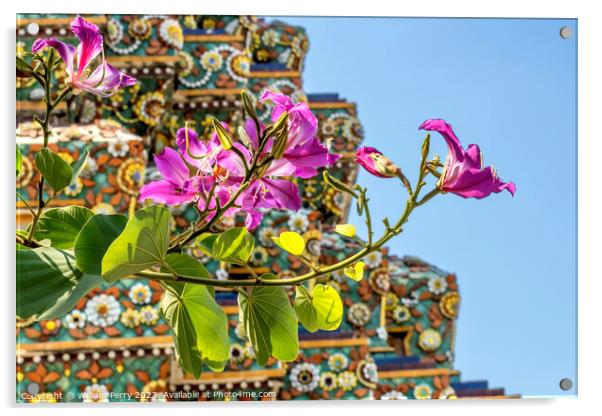 Orchid Tree Flowers Ceramic Pagoda Wat Pho Bangkok Thailand Acrylic by William Perry