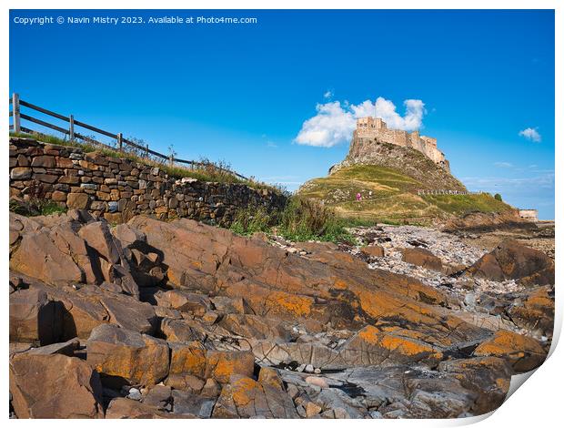 Lindisfarne Castle seen from the shore line Print by Navin Mistry