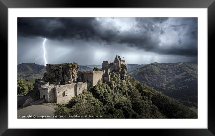 Thunderstorm with lightning over Aggstein castle.  Framed Mounted Print by Sergey Fedoskin