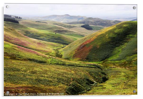 The Harthope valley from the Cheviot hills. Acrylic by Paul Clifton