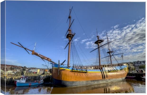 Replica of Cook's Historic Endeavour at Whitby Canvas Print by Derek Beattie