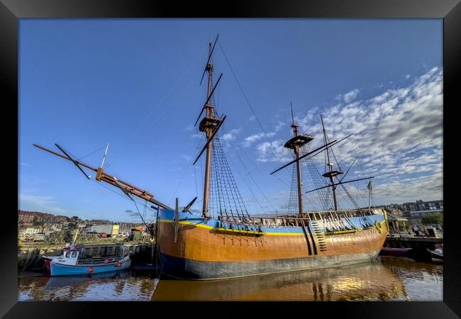 Replica of Cook's Historic Endeavour at Whitby Framed Print by Derek Beattie