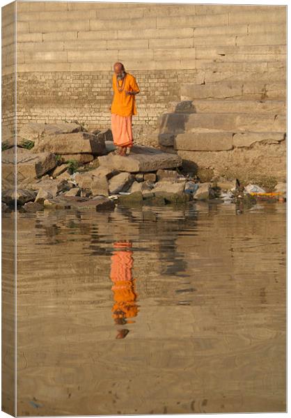 Reflection of a Saddhu, River Ganges, Varanasi, In Canvas Print by Serena Bowles