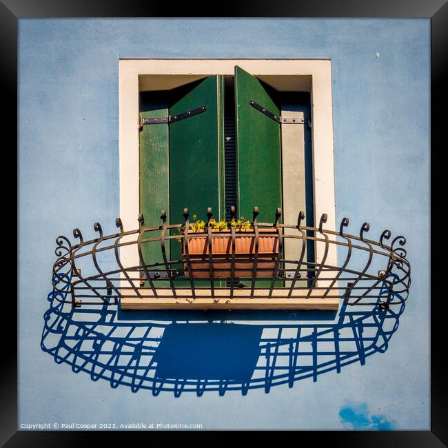 'Italian Charm: Burano's Vibrant Window Shutters' Framed Print by Bailey Cooper