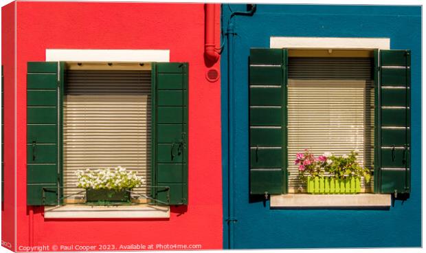 Contrasting colourful windows, Burano. Canvas Print by Bailey Cooper