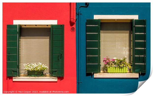 Contrasting colourful windows, Burano. Print by Bailey Cooper