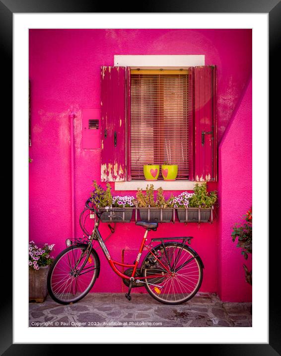 Bike outside pink Burano house, Italy Framed Mounted Print by Bailey Cooper