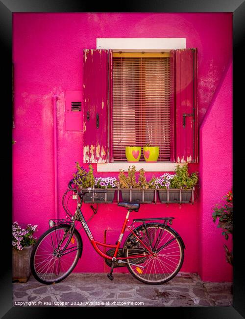 Bike outside pink Burano house, Italy Framed Print by Bailey Cooper