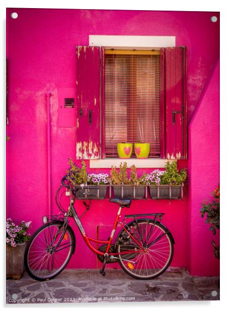 Bike outside pink Burano house, Italy Acrylic by Bailey Cooper