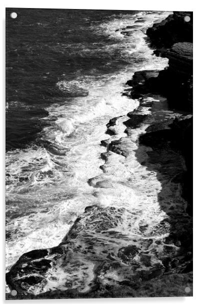 Waves on the rocks, Filey Brigg 3, monochrome Acrylic by Paul Boizot