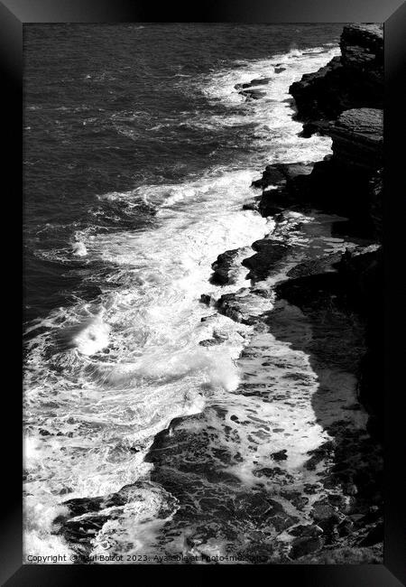 Waves on the rocks, Filey Brigg 4, monochrome Framed Print by Paul Boizot