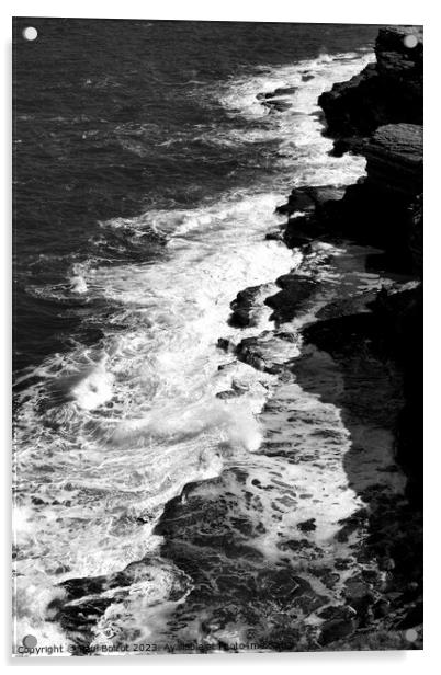 Waves on the rocks, Filey Brigg 4, monochrome Acrylic by Paul Boizot