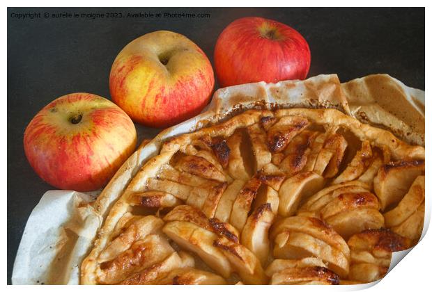 Apple tart and three apples Print by aurélie le moigne