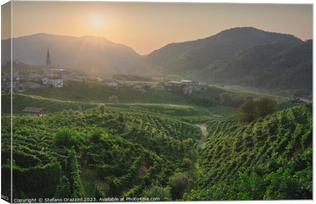 Prosecco Hills, vineyards and Guia village at sunrise. Italy Canvas Print by Stefano Orazzini