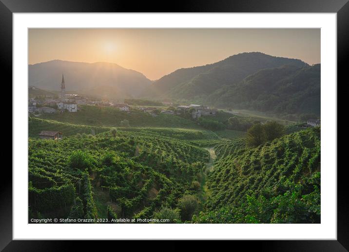 Prosecco Hills, vineyards and Guia village at sunrise. Italy Framed Mounted Print by Stefano Orazzini