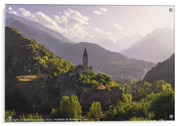 Santa Maria Assunta church on the rocks. Aosta Valley. Acrylic by Stefano Orazzini