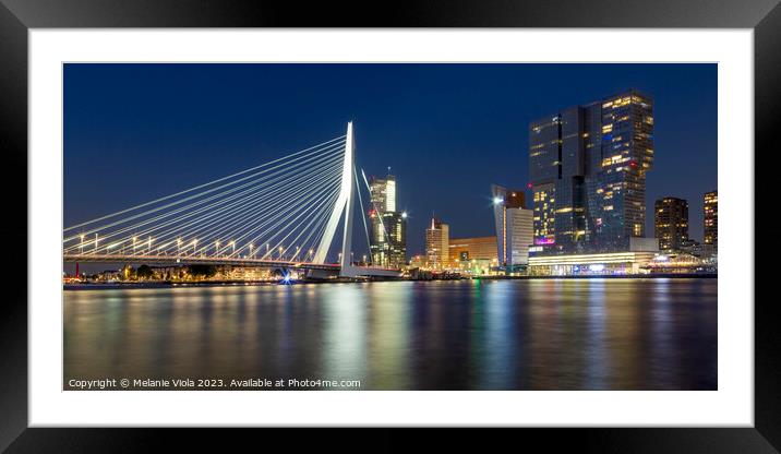 ROTTERDAM Erasmus Bridge at night | Panorama Framed Mounted Print by Melanie Viola