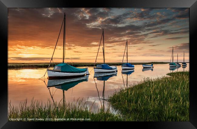 Blakeney Boats at Sunset Framed Print by David Powley