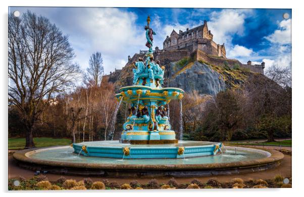 Ross Fountain and Edinburgh Castle Acrylic by John Frid
