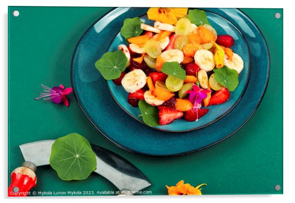 Fruit salad with nasturtium. Acrylic by Mykola Lunov Mykola