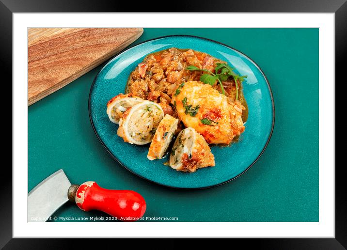 Sliced baked squid stuffed with rice. Framed Mounted Print by Mykola Lunov Mykola