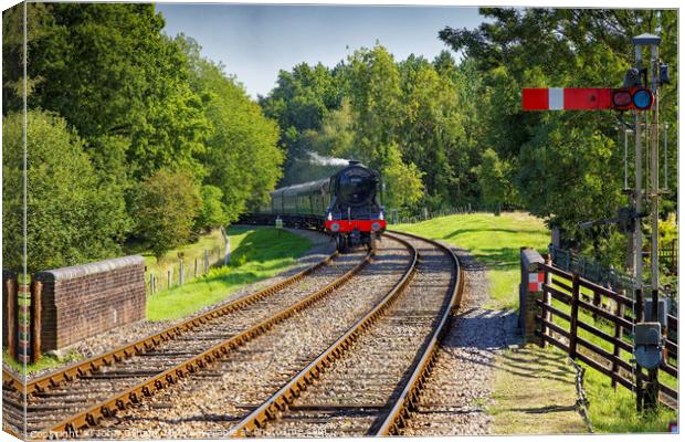 The Flying Scotsman steam train traveling down train tracks near a forest Canvas Print by John Gilham