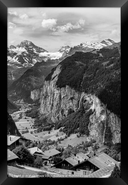 Lauterbrunnen valley and Breithorn monochrome Framed Print by Graham Moore