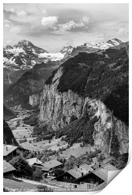 Lauterbrunnen valley and Breithorn monochrome Print by Graham Moore