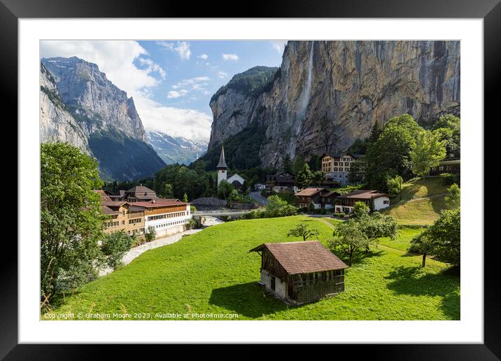 Lauterbrunnen village and Staubbach falls Framed Mounted Print by Graham Moore