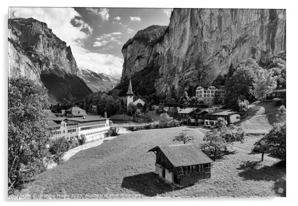 Lauterbrunnen village and Staubbach falls monochrome Acrylic by Graham Moore