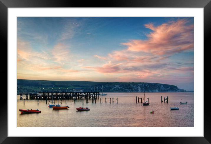 Swanage Pier and Ballard Down at Sunset Framed Mounted Print by Darren Galpin