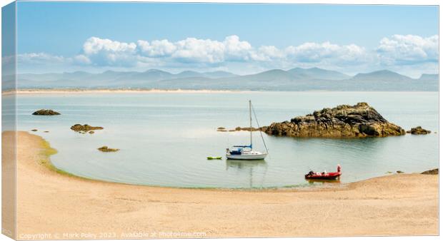 Llanddwyn Beach and Snowdon  Canvas Print by Mark Poley