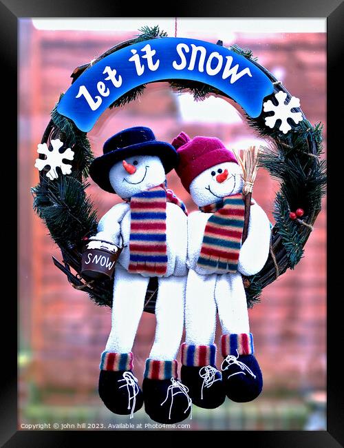 Enchanting Yuletide Snowmen Wreath Framed Print by john hill