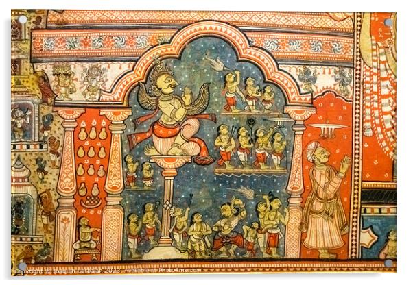 Billund, Denmark - August 8, 2023: Traditional Indian paintings, with the God Vishnhu and other deities of the pantheon. Acrylic by Joaquin Corbalan