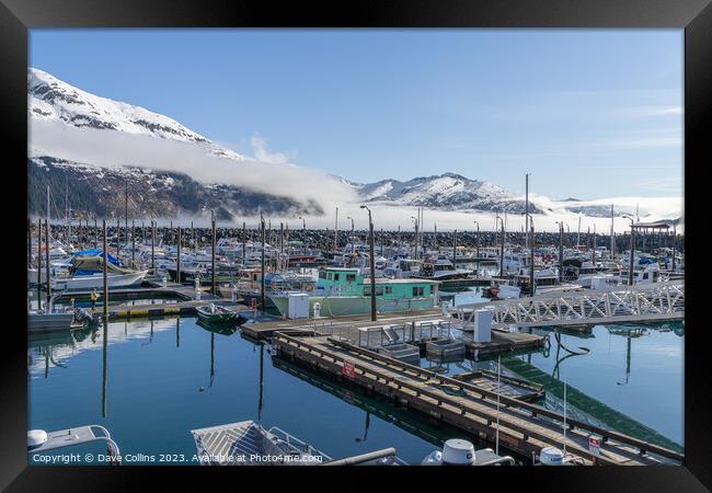 Outdoor Pleasure and Fishing boats in Whittier marina with clouds and mist hanging on the mountains behind, Alaska, USA Framed Print by Dave Collins