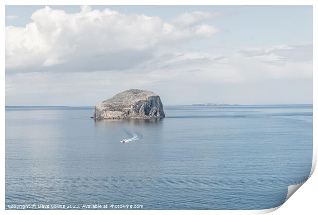 A small motor boat leaving Bass Rock, Firth of Forth, Scotland Print by Dave Collins