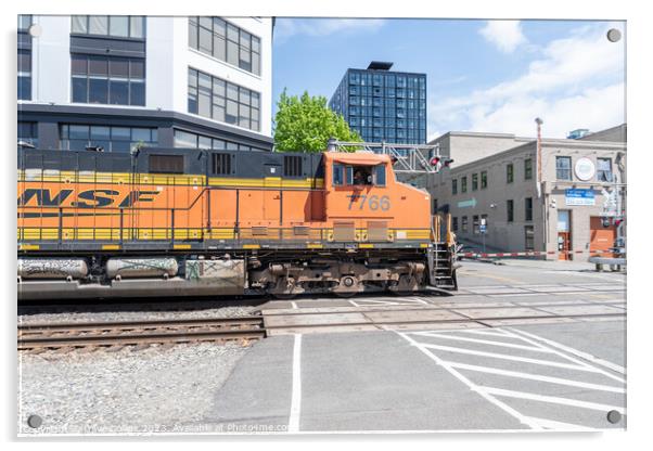 BNSF freight train on a level crossing from Alaskan Way, Seattle, USA Acrylic by Dave Collins