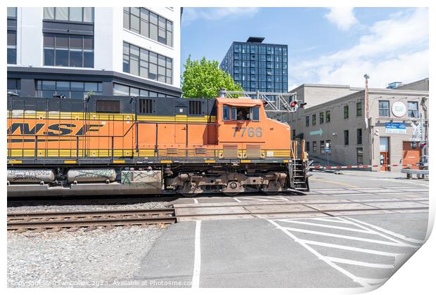 BNSF freight train on a level crossing from Alaskan Way, Seattle, USA Print by Dave Collins