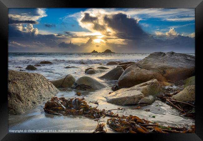 The Brisons rocks near Cape Cornwall at sunset Framed Print by Chris Warham
