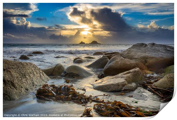 The Brisons rocks near Cape Cornwall at sunset Print by Chris Warham