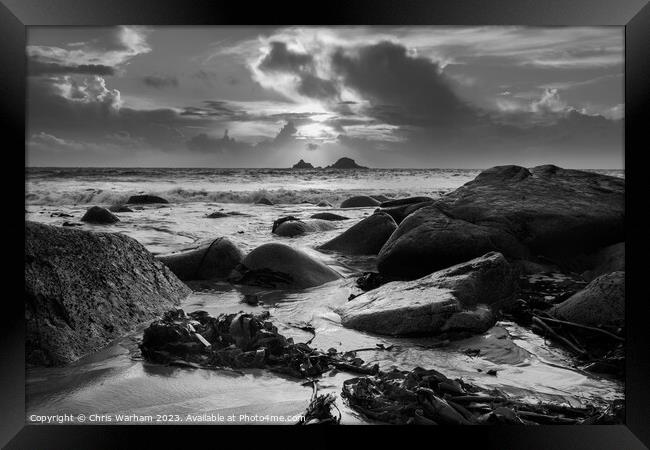 The Brisons rocks near Cape Cornwall at sunset Framed Print by Chris Warham