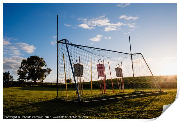 Gaelic football goal, with obstacles for training. Print by Joaquin Corbalan
