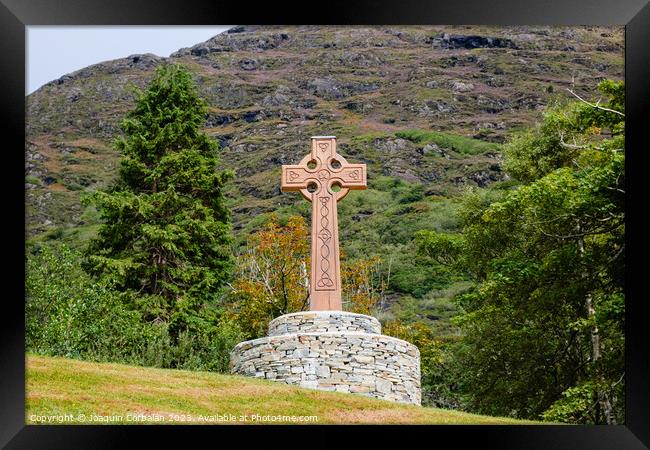 Christian, wooden cross in the countryside, Celtic style, in Ireland. Framed Print by Joaquin Corbalan
