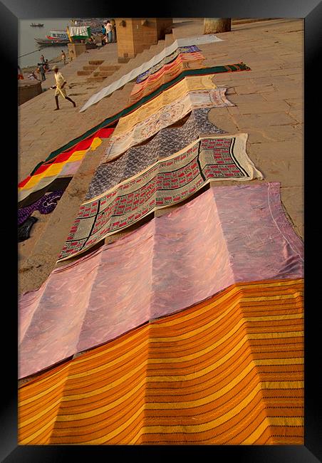 Colourful Saris Drying on the Ghats, Varanasi, Ind Framed Print by Serena Bowles